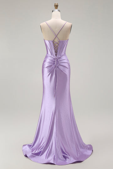 Mermaid Spaghetti Straps Ruched Purple Prom Dress